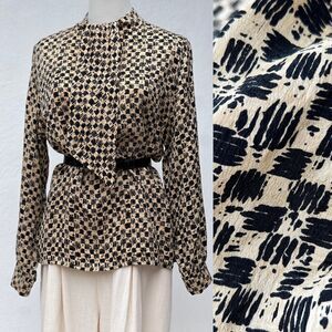 Vintage 90s Carlisle 100% Silk Cream Black Sketched Check Blouse with Sash Sz 14